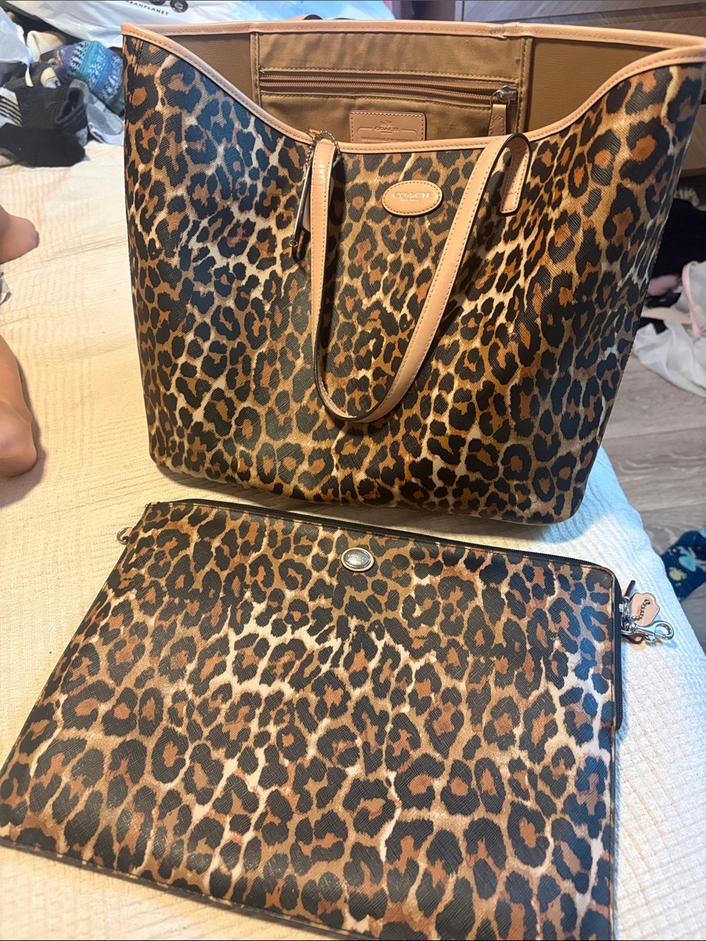 Coach Leopard Tote + Matching Laptop Sleeve Portfolio Set | Authentic